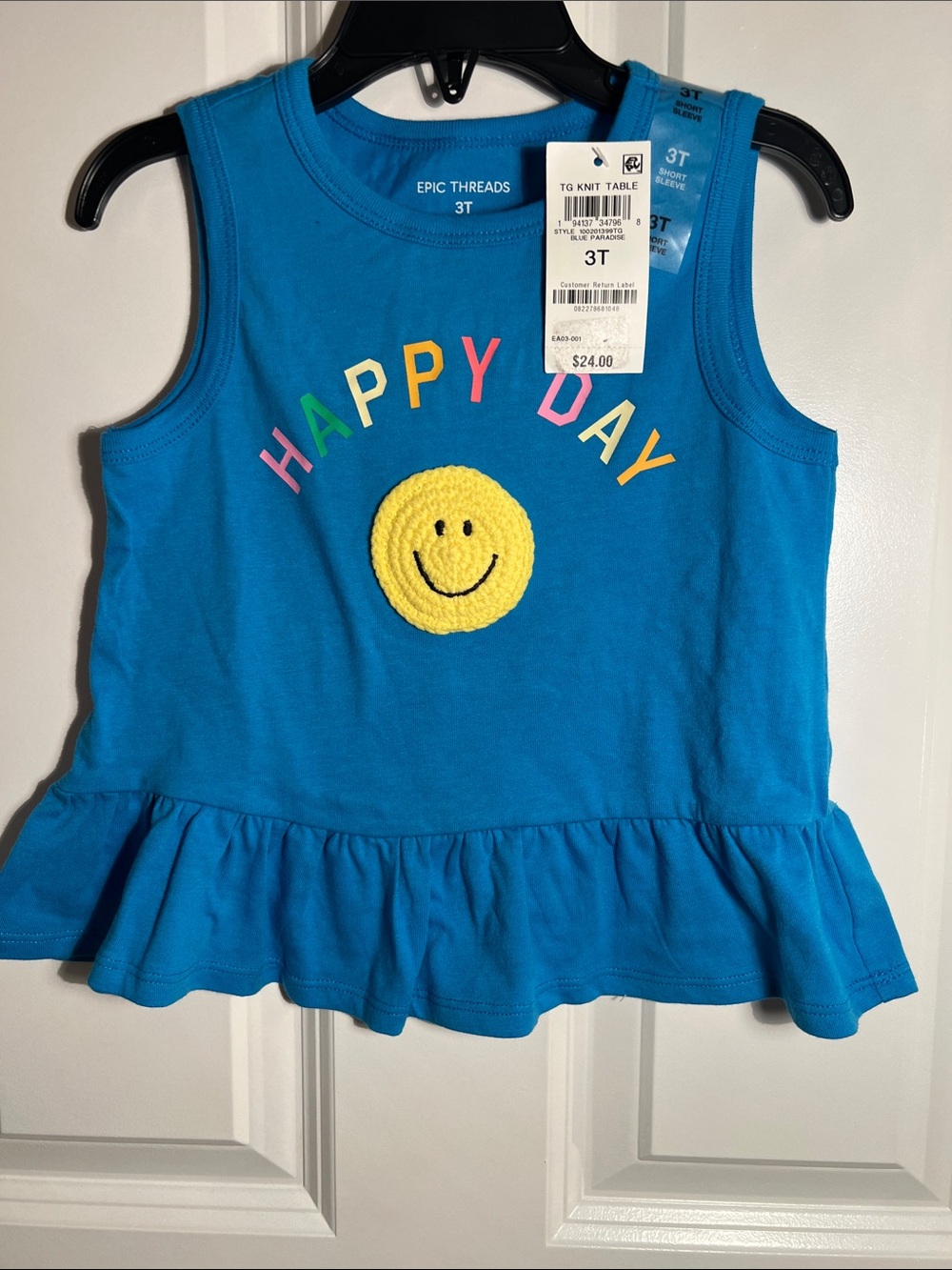 Epic Threads Blue Tank Top, Embroidered Yellow Smiley & Multi-Color 'HAPPY DAY'